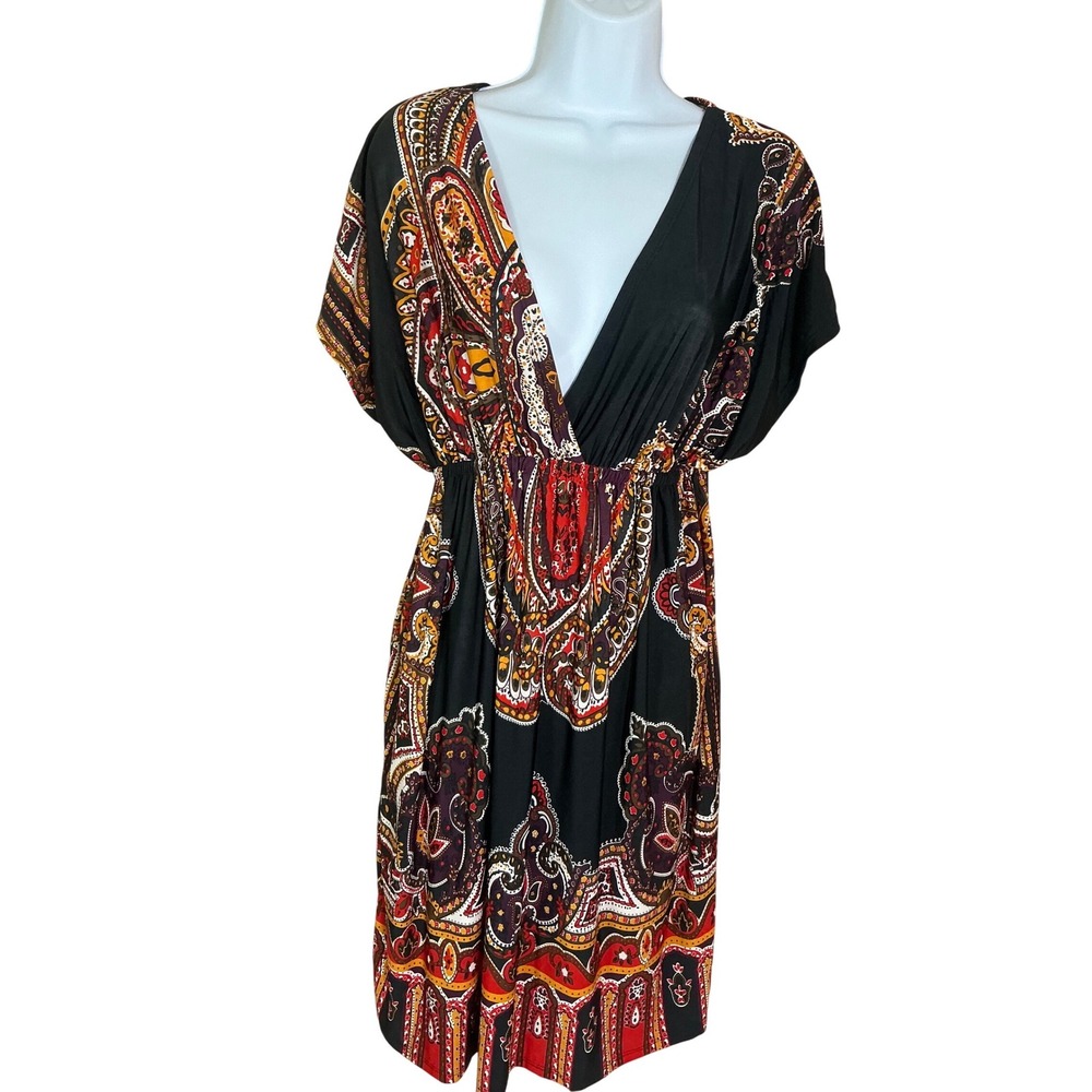 Cristina Love Paisley Empire Waist Dress Womens XL Black Red Excellent Boho Midi
